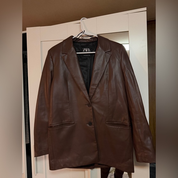 Zara Faux Leather Chocolate Straight Brown Blazer - Picture 2 of 3